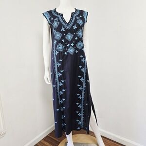 Madison Mathews Maxi Dress Size S Navy Embroidered Sleeveless Lightweight Anne